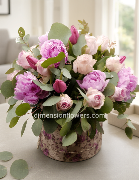 elegante flowerbox con rose, peonie e verdi decorativi