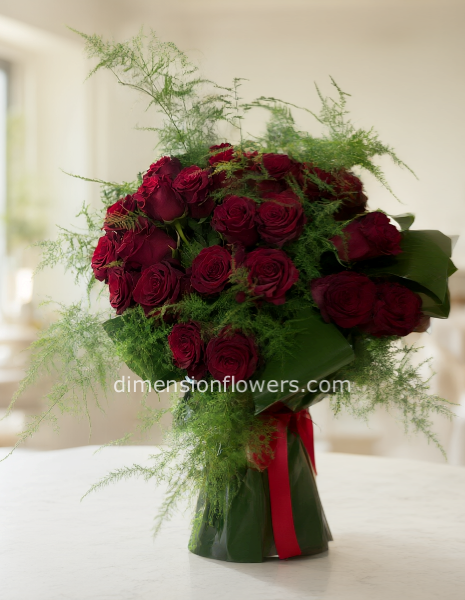 Bouquet di rose rosse confezionato.